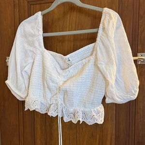 River Island White Smocked Blouse with Lace Hem